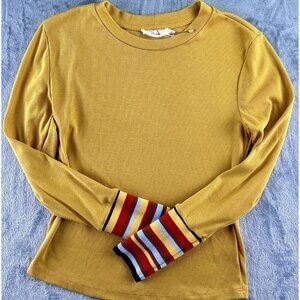 Lush‎ Ribbed T-Shirt Top Women’s Size S Mustard Yellow Striped Cuffs Scoop Neck